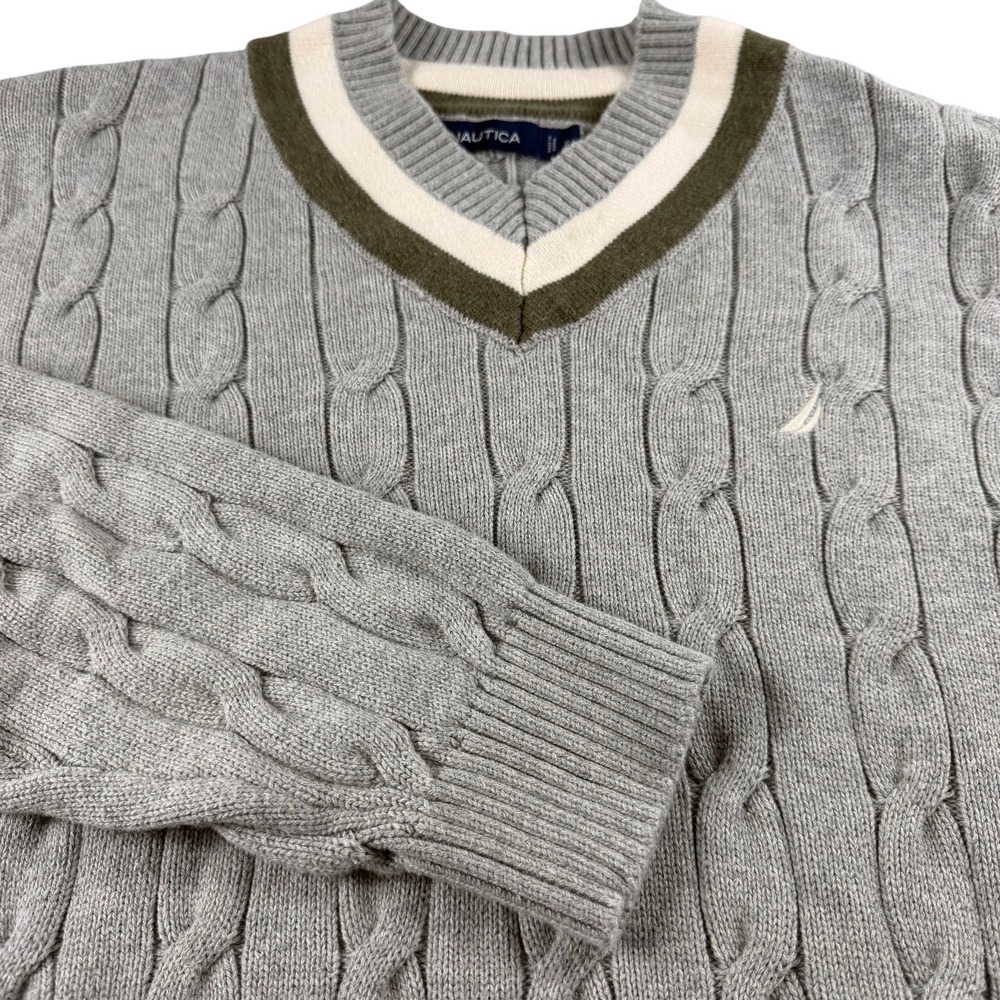 Nautica Mens XL Grey Cable Knit V-Neck Sweater Varsity Stripe Cotton S27304